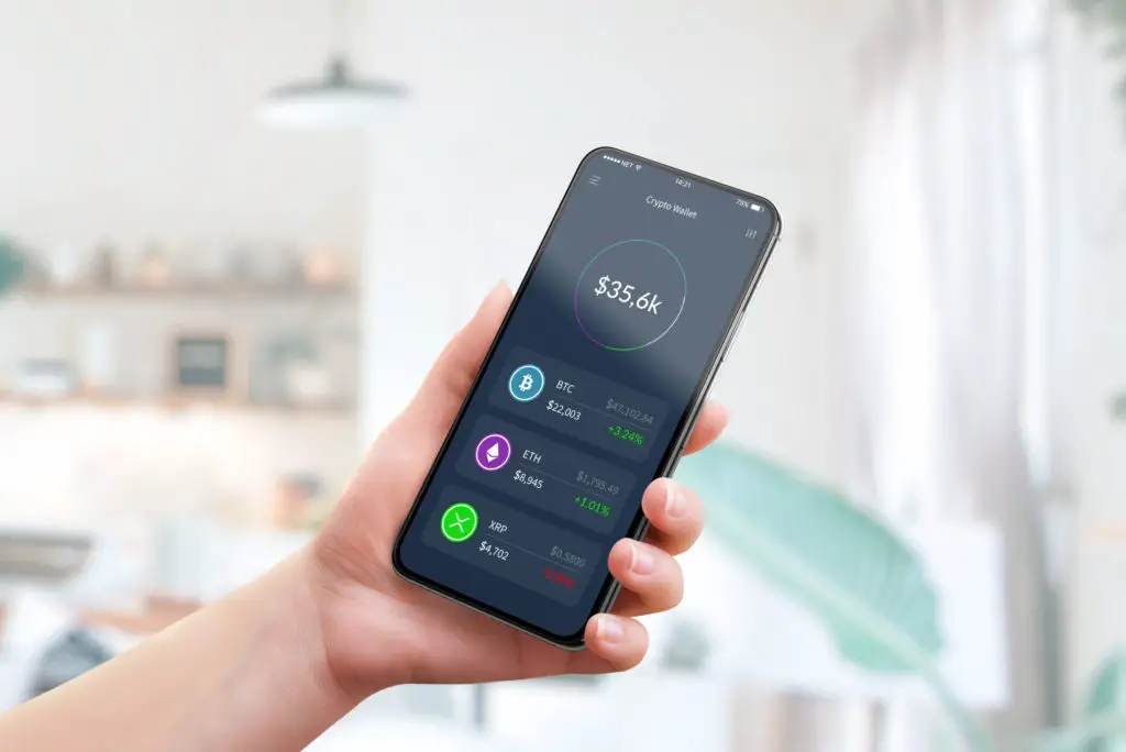 Hand holding phone with crypto wallet.