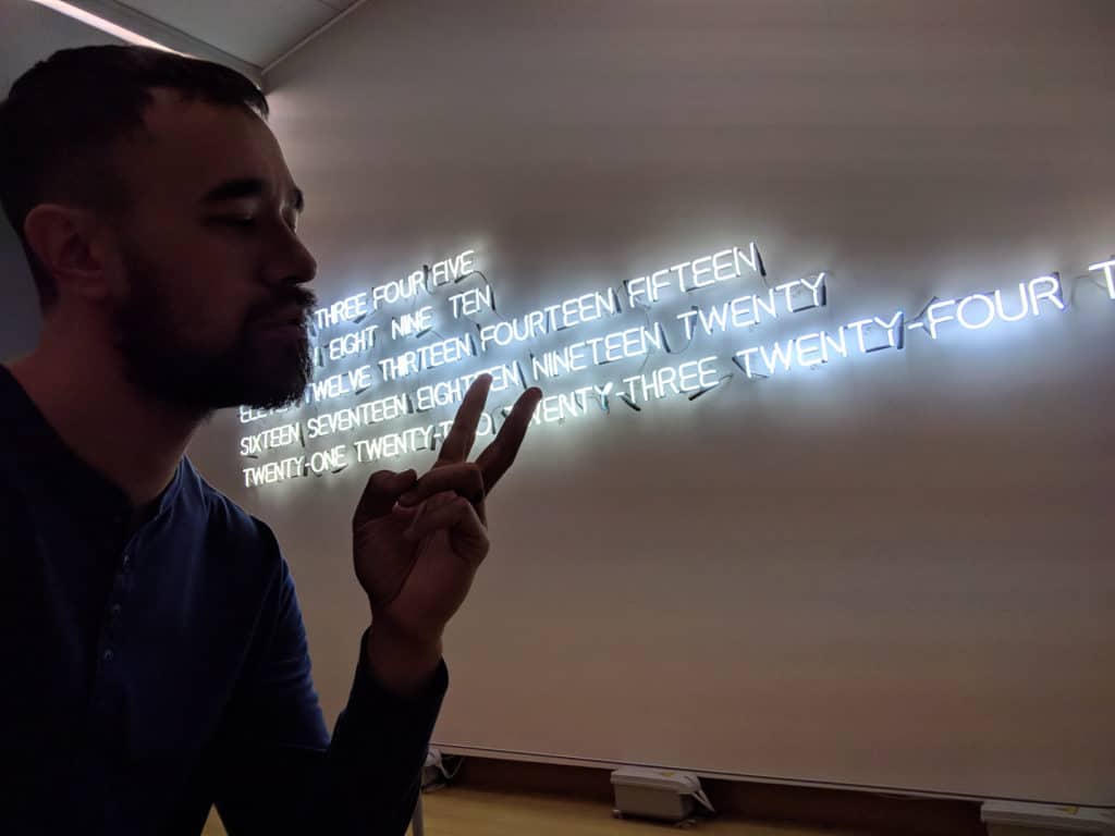 Mike at Stedelijk Museum Amsterdam check out the neon wall art