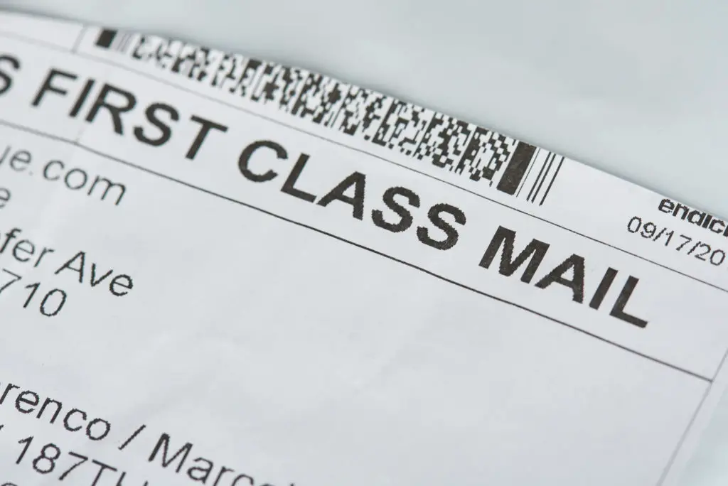 First class mail label.