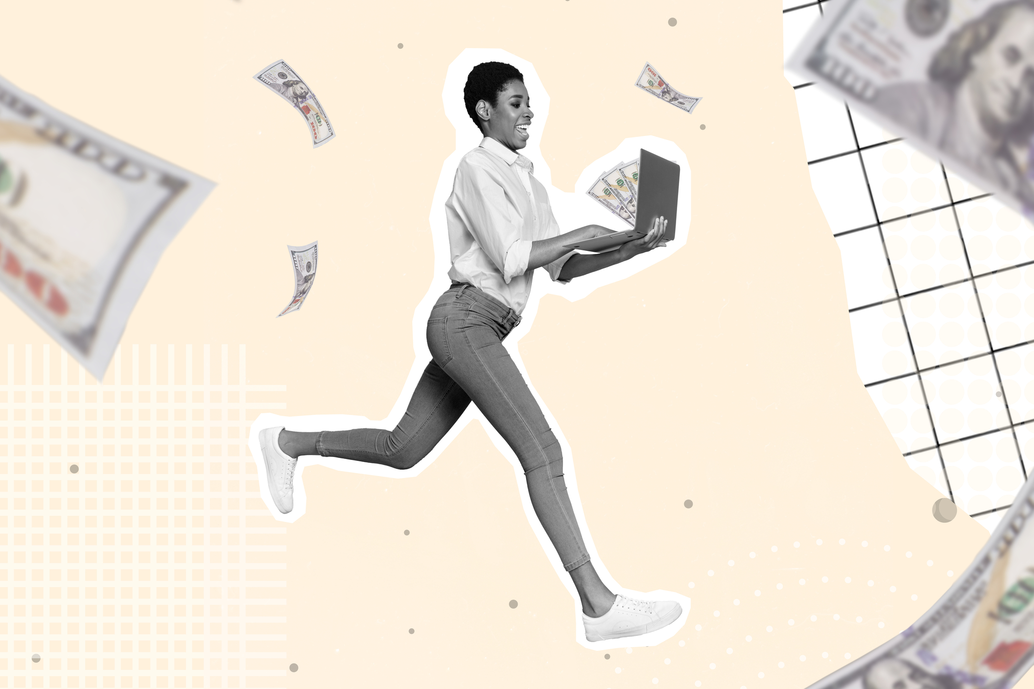 3-D retro image of a person holding a laptop with cash coming out of it to represent the money to be made selling AI generated art.